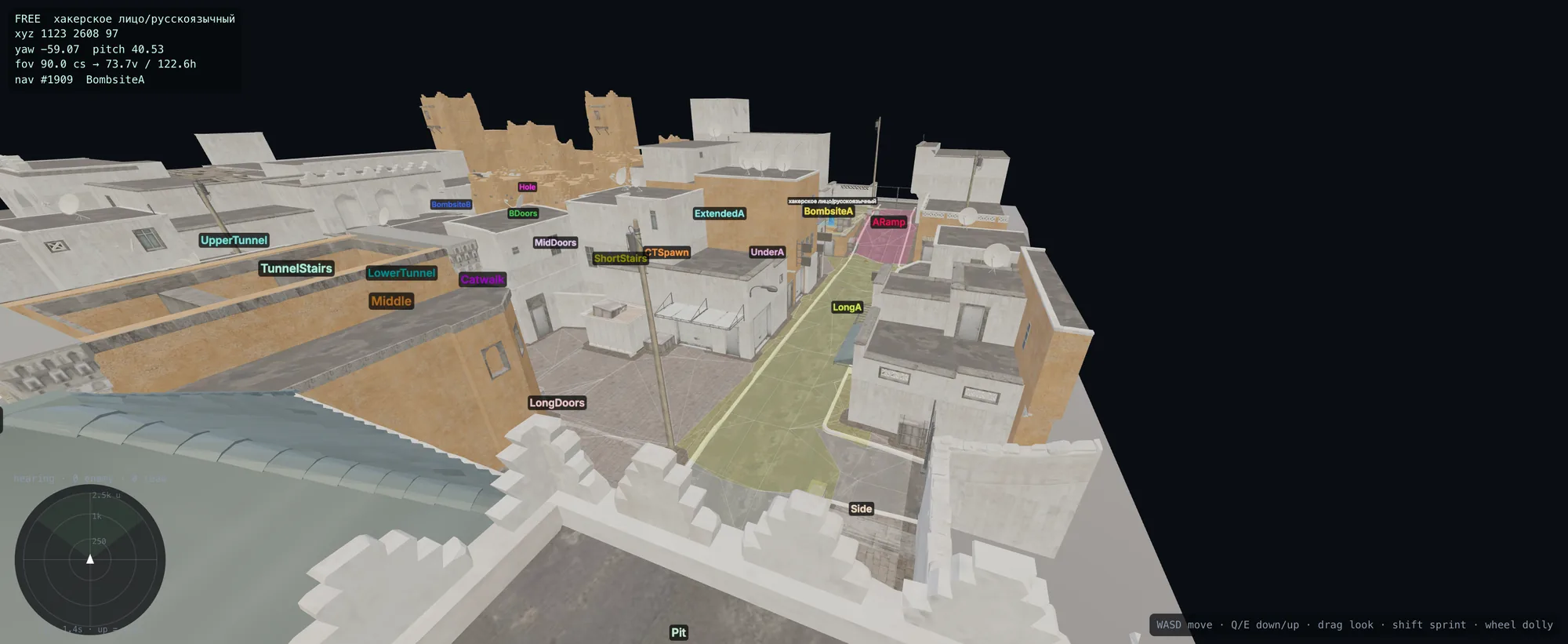 Our explorer reconstructing Dust II in 3D with named areas and player context